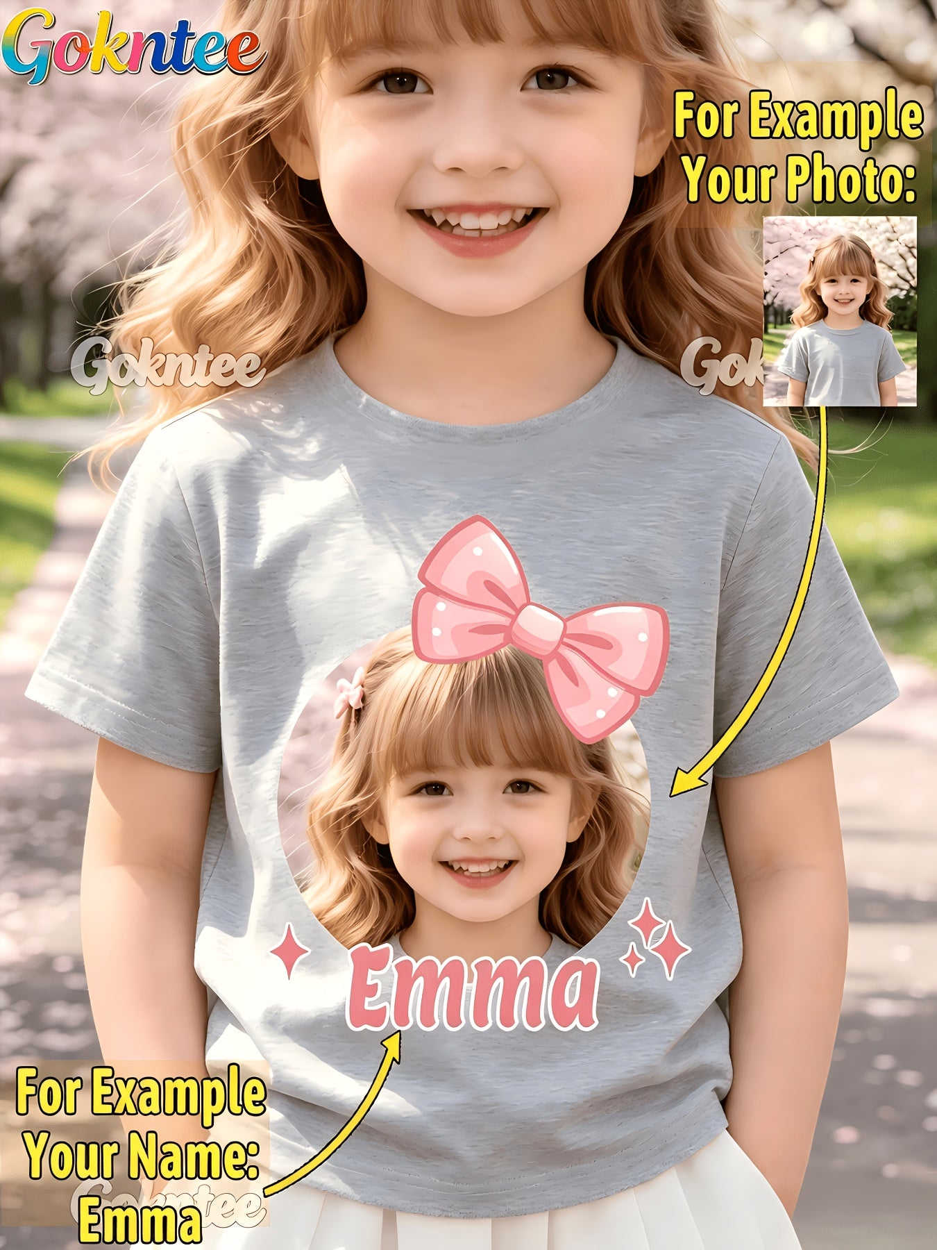 Girls' Personalized Cartoon T-Shirt with Pink Bow, Crew Neck
