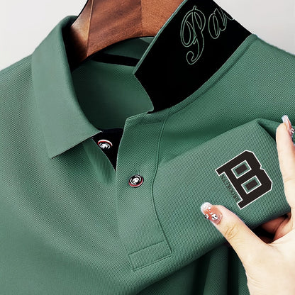 Men'S Fashion Short-Sleeve POLO Shirt | Contrast Rib-Knit Collar with 3D High-Frequency Print | Casual Style, Regular Fit, Summer Season - ayq