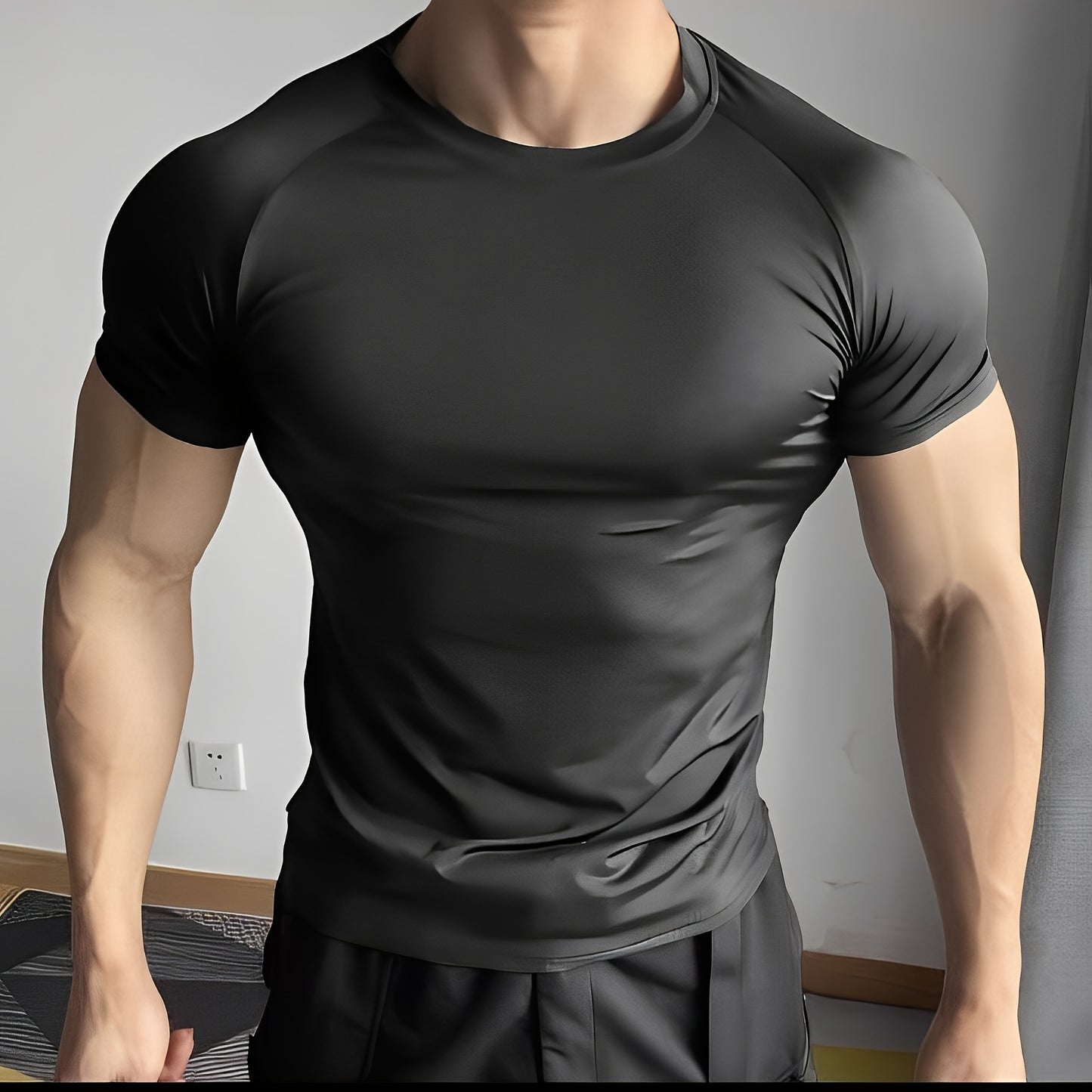 Men's Quick-Dry Athletic T-Shirt - Stretchy, Breathable Polyester, Short Sleeve, Round Neck, Black, Gym  Running Workout Essential, Sports Clothing   Sleek Athletic Tee   Breathable Fabric, Workout Clothes