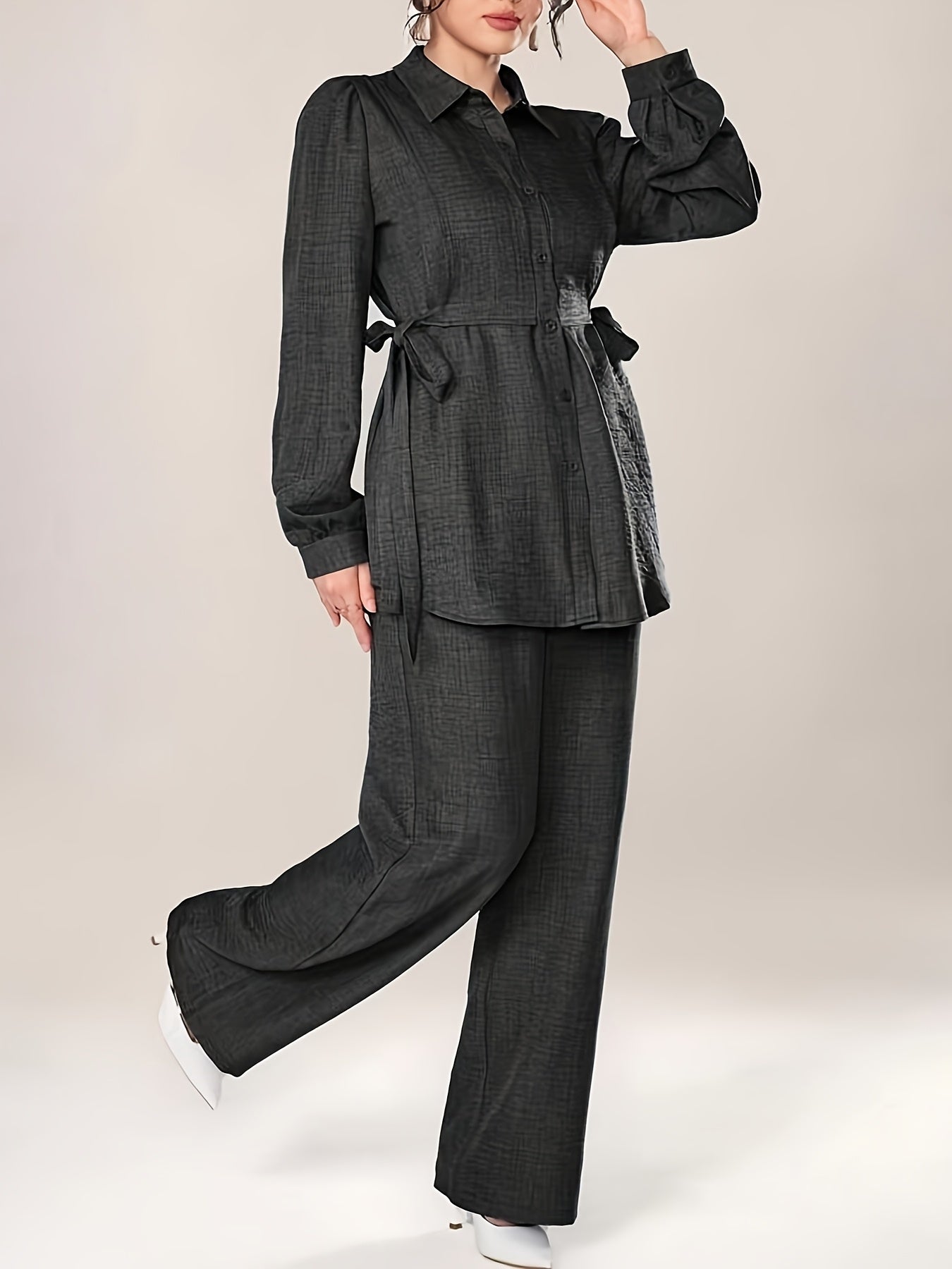 Women's Two-Piece Set with Front Buckle Long Sleeve Casual Top and Trousers