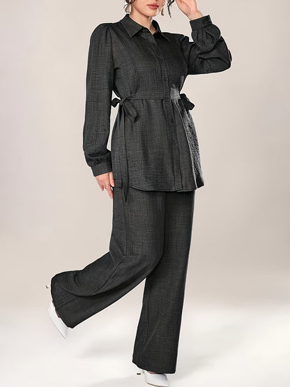 Women's Two-Piece Set with Front Buckle Long Sleeve Casual Top and Trousers