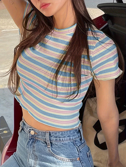 Women's Ribbed Striped Short Sleeve Round Neck Striped T-Shirt