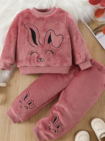 Adorable Cartoon Rabbit Embroidered Two-Piece Set for Youngsters - Soft Coral Fleece Outfit with Matching Pants, Perfect for Fall/Winter Casual Wear, Youngsters'S Playwear|Playful Design|Stretchy Fabric, Youngsters Girl Cloth