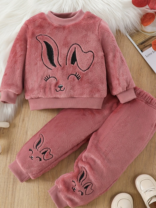 Adorable Cartoon Rabbit Embroidered Two-Piece Set for Youngsters - Soft Coral Fleece Outfit with Matching Pants, Perfect for Fall/Winter Casual Wear, Youngsters'S Playwear|Playful Design|Stretchy Fabric, Youngsters Girl Cloth