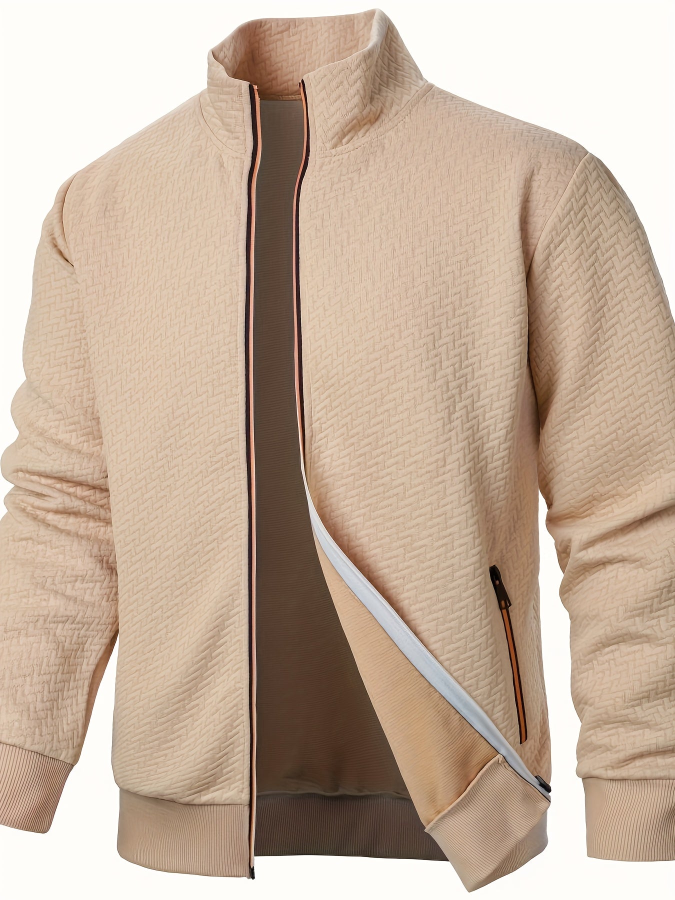 Men's Casual Zip Up Jacquard Jacket, Chic Stand Collar Coat for Spring Fall, Autumn And Winter, Hoodie Top