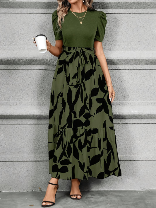 Print Midi Dress with Belt - Crew Neck, Short Sleeve, Non-Stretch Polyester - Machine Washable - Perfect for All Seasons