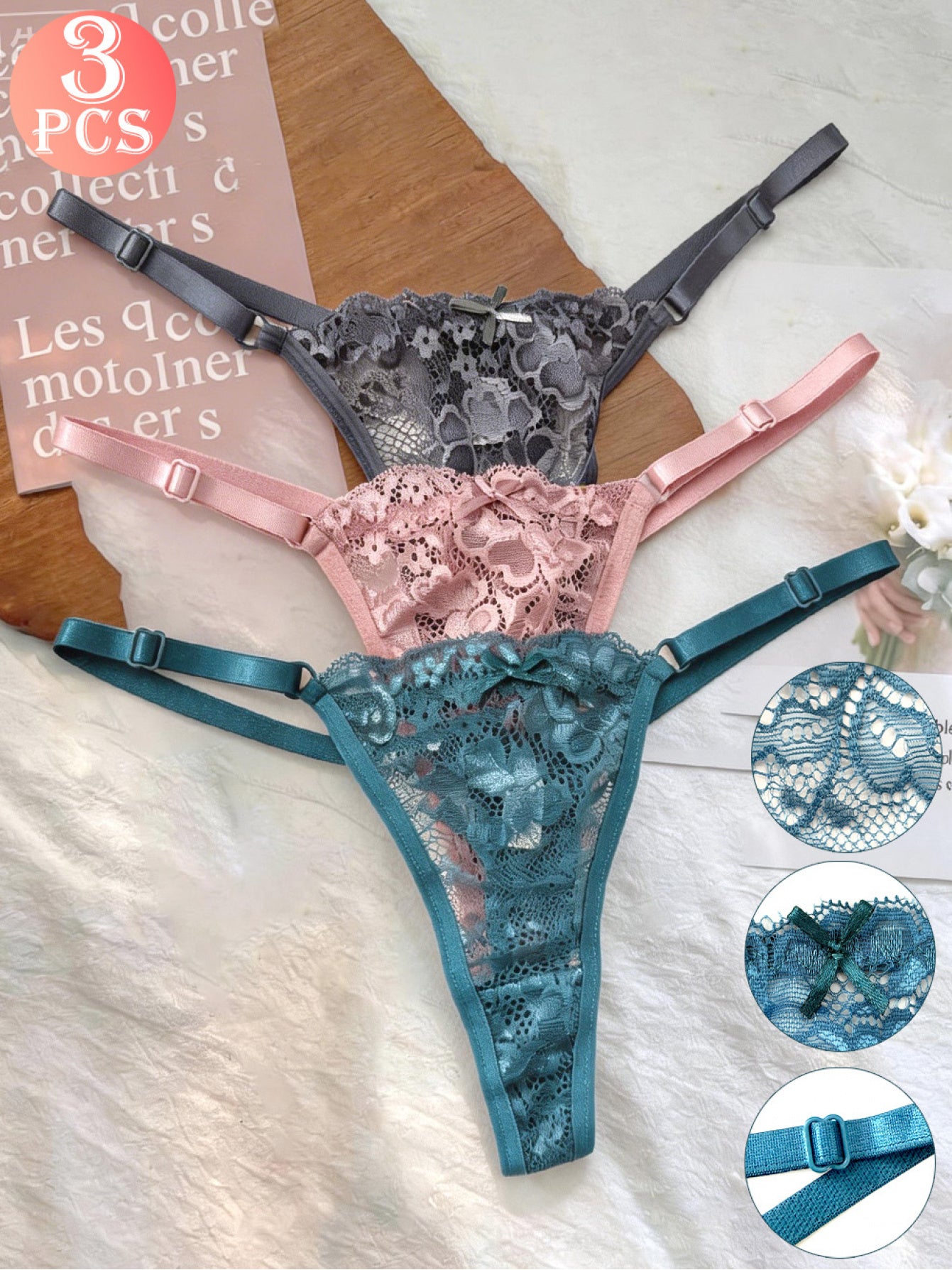 3-Pack Women's French Retro Lace Low-Waisted Cheeky Thongs