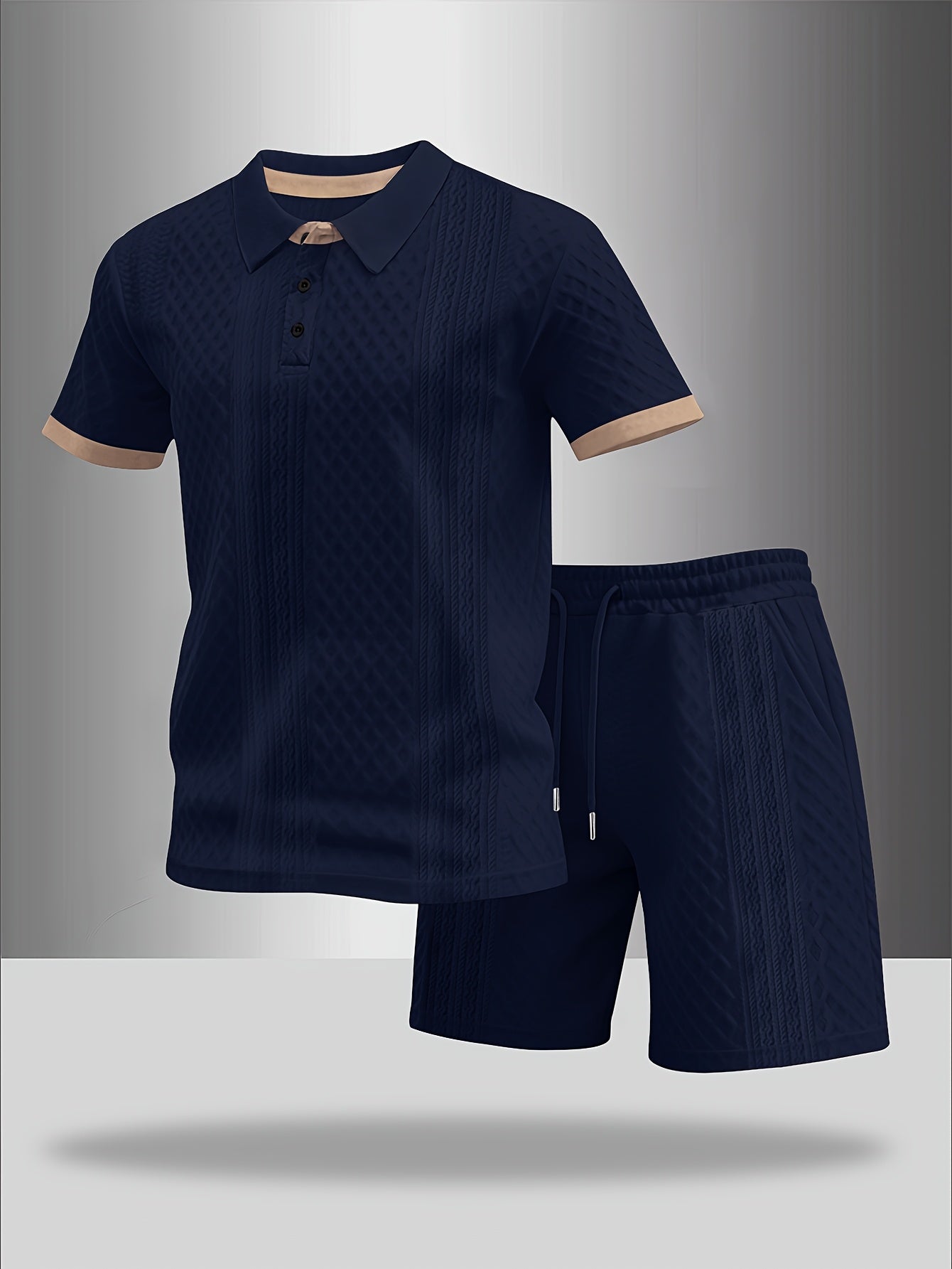 Men's Summer Casual Polo Shirt & Shorts Set with Geometric Print