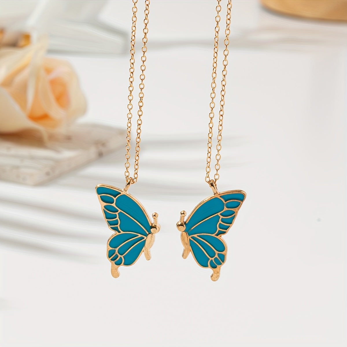2pc Pink Color Butterfly Pendant Necklace Adjustable Zinc Alloy Neck Chain Jewelry For Couples