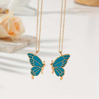 2pc Pink Color Butterfly Pendant Necklace Adjustable Zinc Alloy Neck Chain Jewelry For Couples