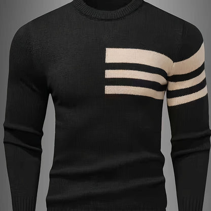 Men's Brown & Striped Sweater - Soft Round Neck Cable-Knit Winter Sweater with White Piping, Machine Washable Casual Pullover for Fall & Winter, Brown/Beige Horizontal Stripes, Ribbed Cuffs & Hem, Stylish Men's Sweater for Ev