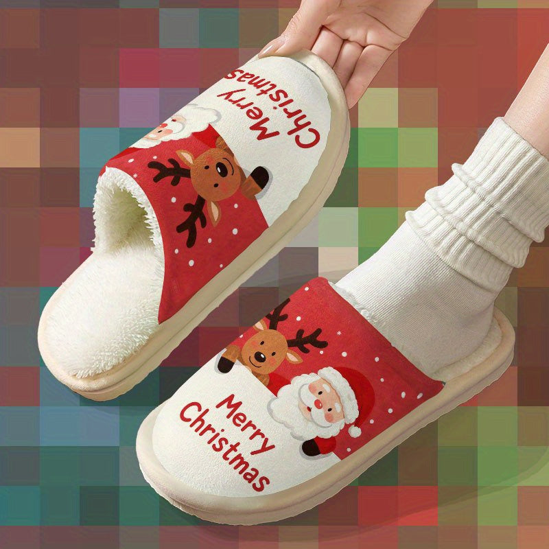 Santa Claus & Reindeer "Merry Christmas" Women's & Men's Home Slippers, Christmas Gift, Couple's Indoor Slippers, Super Comfortable Printed Slippers for Autumn & Winter,  Cozy Homewear, Christmas Design, Festive Print, Comfor