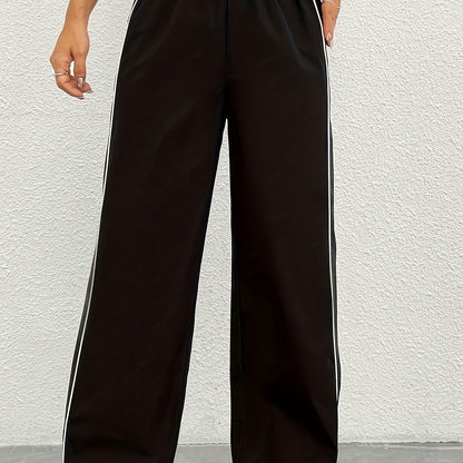 Women's Stylish Black & White Side Stripe Straight-Leg Joggers - 100% Polyester, Machine Washable, All-Season Casual Athletic Pants for Adults