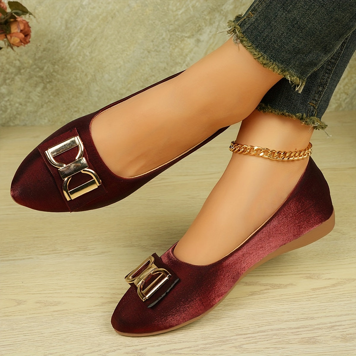 Women's Elegant Red Slip-On Flats with Golden Double Buckle Design - Comfortable Faux Cover Shoes for All Seasons, Pointed Toe Rubber Sole, Perfect for Casual or Dressy Occasions, Dressy Flats   Buckle Embellished Shoes   Lux