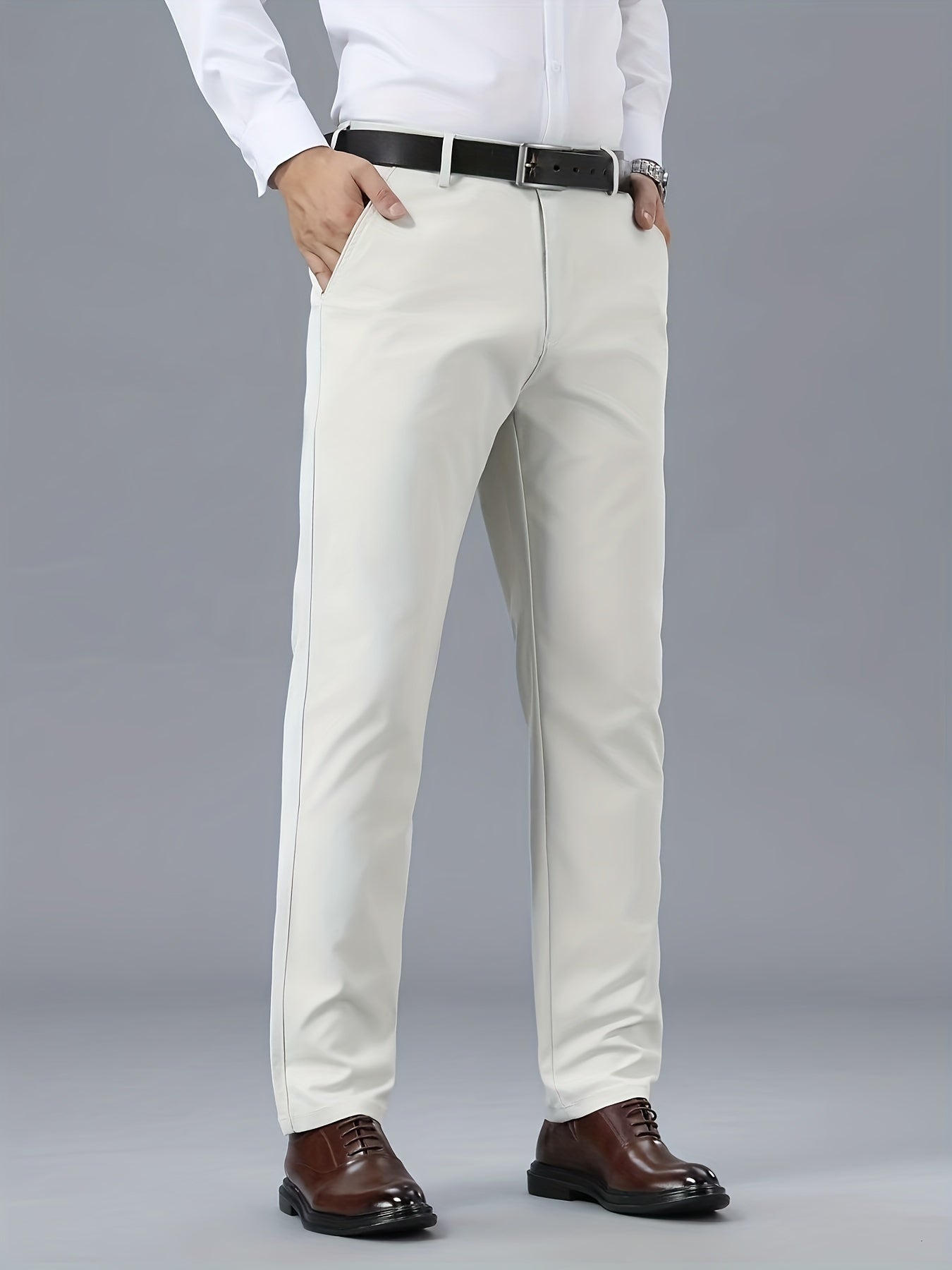 Men's Classic Business Casual Pants - Polyester, Solid Color, Regular Fit for All Seasons