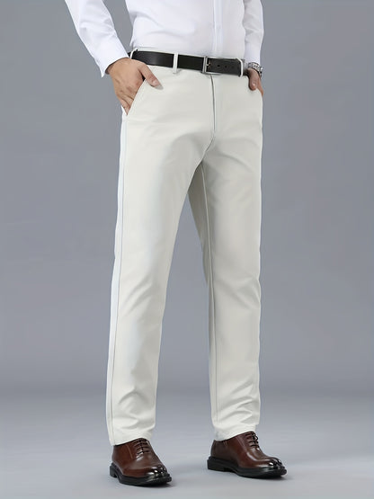 Men's Classic Business Casual Pants - Polyester, Solid Color, Regular Fit for All Seasons