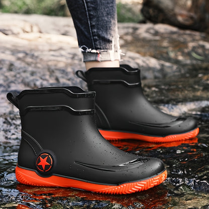 Men's Slip-On Rubber Rain Boots with Thick Sole - Mid-Calf