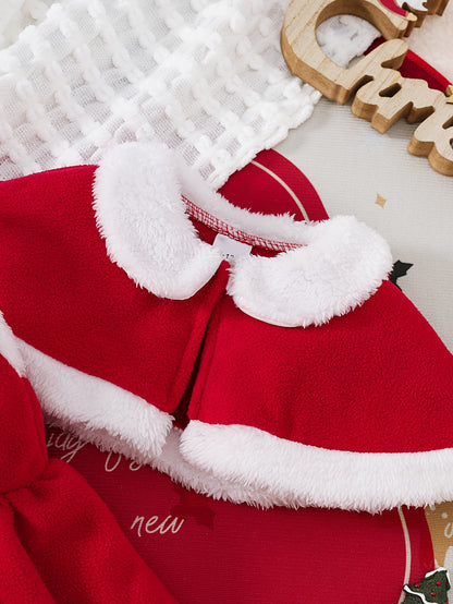 2pcs Girls' Bow Tie Suspender Dress + Shawl Children Christmas Party Gown, Seasonal Clothing, Holiday Dress, Stylish Outfit, Strapless Dress, Durable Dress, Comfortable Material, Shawl Dress, Children's Dress, Fashion