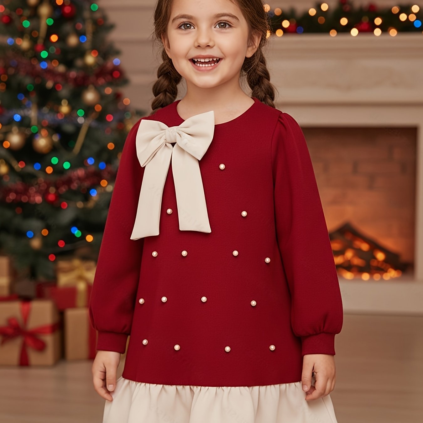 Girls' Elegant Burgundy Princess Dress with Bow & Ruffled Hem - Long Sleeve A-Line Party & Everyday Dress for Fall/Winter, Non-Stretchy Fabric, Perfect For Holiday Celebrations & Casual Outings, Princess Dress For Girls, Wint