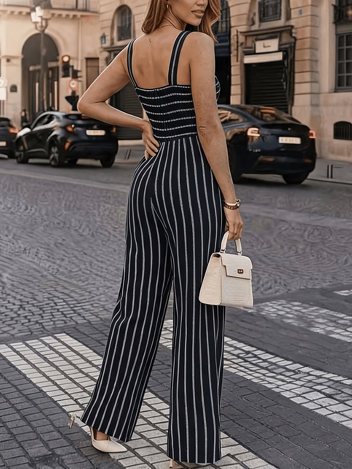 Women's Striped Spaghetti Strap Jumpsuit with Twisted Tie-Back