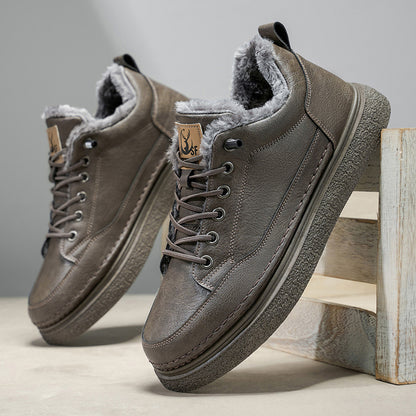 Men's Winter Warm PU -Like Hiking Sneakers with Plush -Like, EVA Cushioned Sole & Rubber Traction Tread - Low-Top Lace-Up Outdoor Shoes for Ice, Snow, Casual Wear (Black/Brown) - Cold Weather