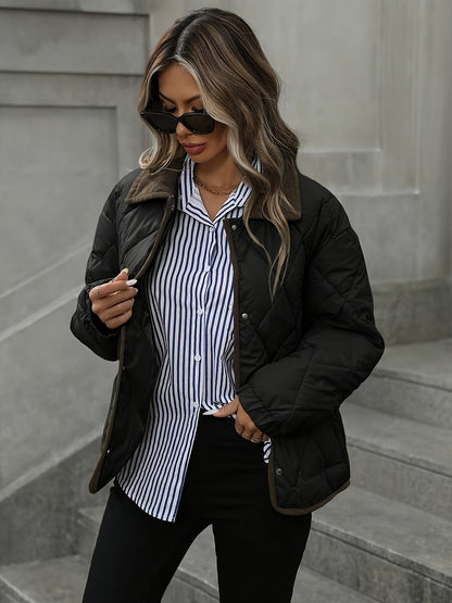 Ռոմբուսաձև նախշերով կանացի նորաձև վերնաշապիկ, օձիքով միահյուսված միաշերտ կարճ վերարկու, ձմեռ 2024, նորույթ, կոնտրաստային զարդանախշ, փոքր չափսի բաճկոն, նորաձև տաք, առօրյա վերնազգեստ, բարձր գնահատականներ ստացած