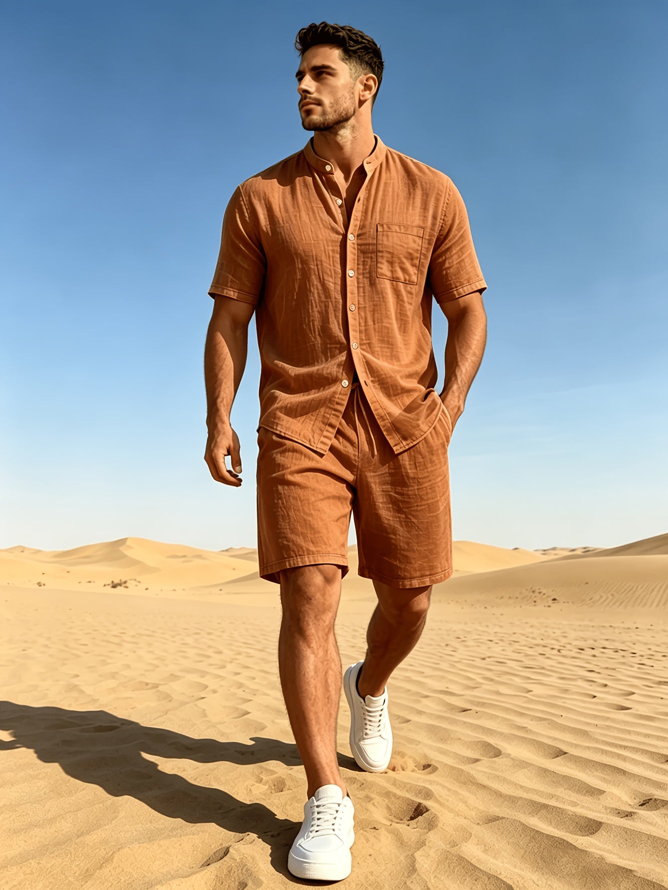 Men's Casual Linen Short Sleeve Shirt & Shorts Set for Summer