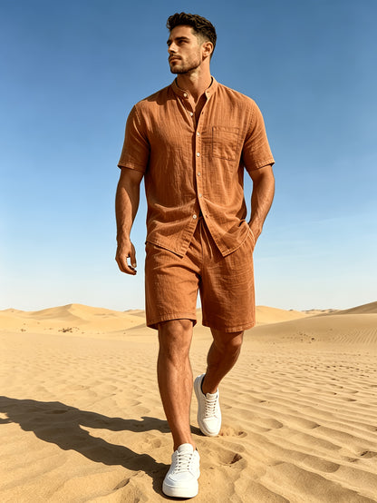 Men's Casual Linen Short Sleeve Shirt & Shorts Set for Summer