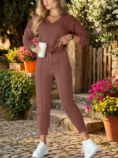 Casual Long Pants And V-Neck Top Women'S Outfit - ayq