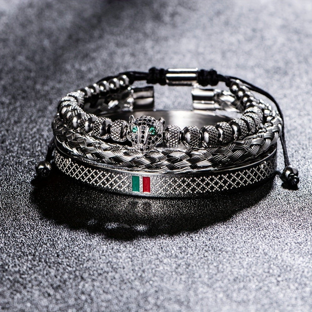 European and American Classic Light Luxury Leopard Head Handmade Braided Men's Bracelet Red Green Drop Glue Bracelet Set