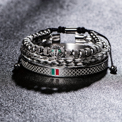 European and American Classic Light Luxury Leopard Head Handmade Braided Men's Bracelet Red Green Drop Glue Bracelet Set