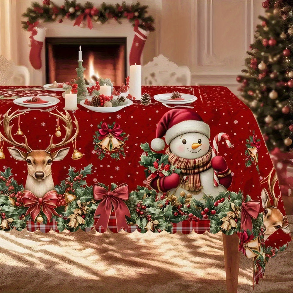 1pc Vintage Burgundy & Golden Red White Green Winter Tablecloth with Golden Bow Accent - Heavy-Duty Rectangular or Round Table Setting for Christmas, New Year's, Family Gatherings - Easy-Clean Fabric, Machine-Made with Deer &