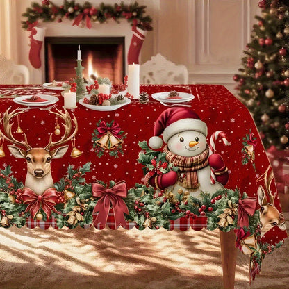 1pc Vintage Burgundy & Golden Red White Green Winter Tablecloth with Golden Bow Accent - Heavy-Duty Rectangular or Round Table Setting for Christmas, New Year's, Family Gatherings - Easy-Clean Fabric, Machine-Made with Deer &