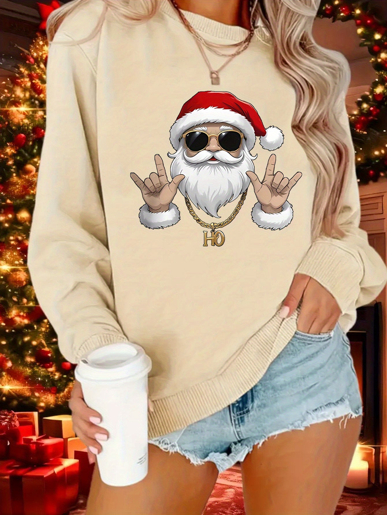 Women's Elegant Christmas Santa Claus Graphic Print Fleece-Lined Sweatshirt - Long Sleeve Round Neck Pullover with Golden Accents, Machine Washable Holiday Party Casual Top, Christmas Sweatshirt, Festive Clothing, Hiphop Styl