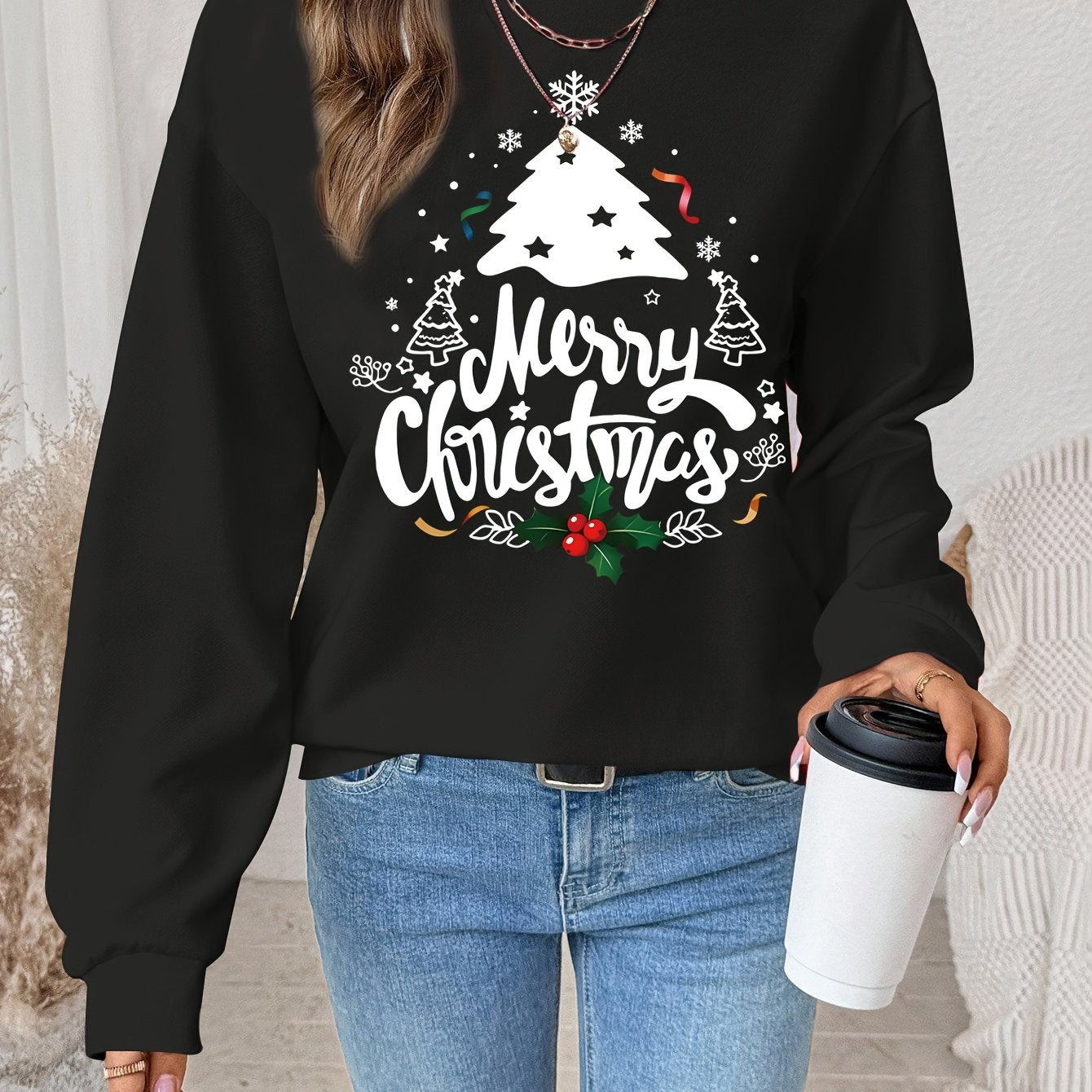 Women's Red Christmas Tree & Lettering Sweater - Cozy Winter Pullover with Round Neck Long Sleeve, Thickened Sweating-Reducing Blouse for Xmas Party Outfits, Family Gatherings (Machine Washable, Autumn/Winter Clothing)