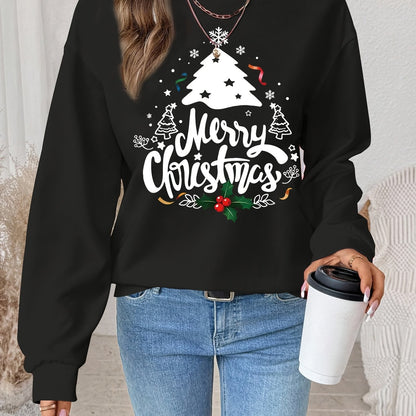 Women's Red Christmas Tree & Lettering Sweater - Cozy Winter Pullover with Round Neck Long Sleeve, Thickened Sweating-Reducing Blouse for Xmas Party Outfits, Family Gatherings (Machine Washable, Autumn/Winter Clothing)