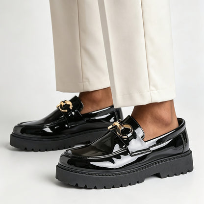 Men's British Style Slip-On Loafers with Metal Buckle, Rubber Sole