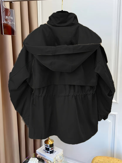 Կանացի միագույն պոլիեսթերային վերարկու՝ լարով գոտկատեղի, օձիքի և կրծքավանդակի գրպաններով - Գարնանային և աշնանային նորաձևություն, հարմարավետ, չձգվող գործվածք, ամենօրյա վերնազգեստ | Դասական երկար թևքեր | Չձգվող նյութ