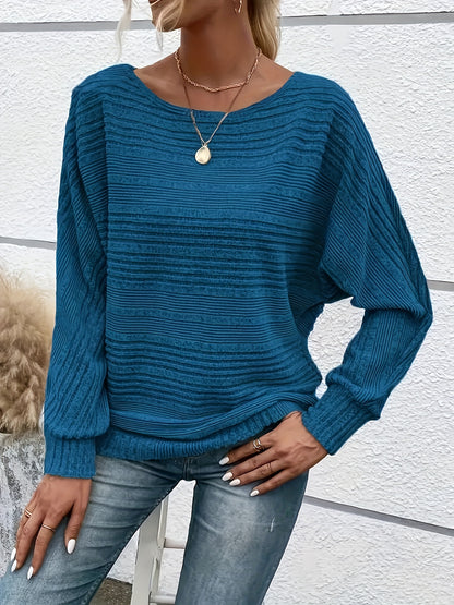 1 հատ Women'S Casual Crew Neck Knit T-shirt - պոլիեսթեր պինդ գույնի երկարաթև վերնաշապիկ գարնան/աշունի համար