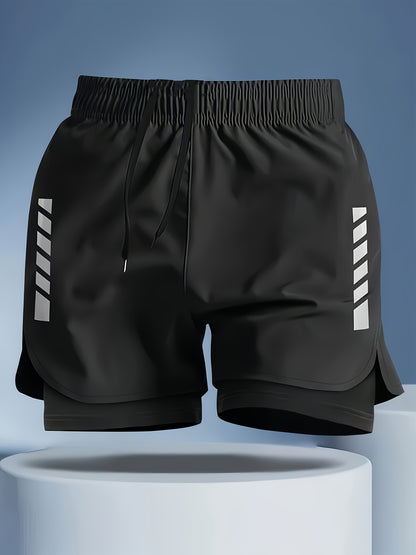 Men's Skinny Double-Layer Swim Trunks with Stripes for Summer Fitness