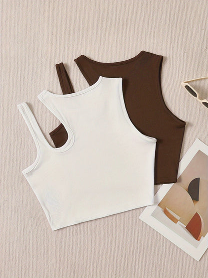 2 Packs Solid Crew Neck Tank Top, Elegant Sleeveless Asymmetrical Tank Top For Every Day, Women's Clothing