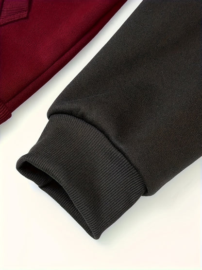 Տղամարդու ոճային գունային բլոկներով վերնաշապիկ՝ առօրյա, կայծակաճարմանդով և գլխարկով սվիտեր՝ առջևի գրպաններով, երկար թևքերով և երիզներով՝ շագանակագույն և սև դիզայնով, հարմարավետ աշնանային և ձմեռային հագուստի համար։