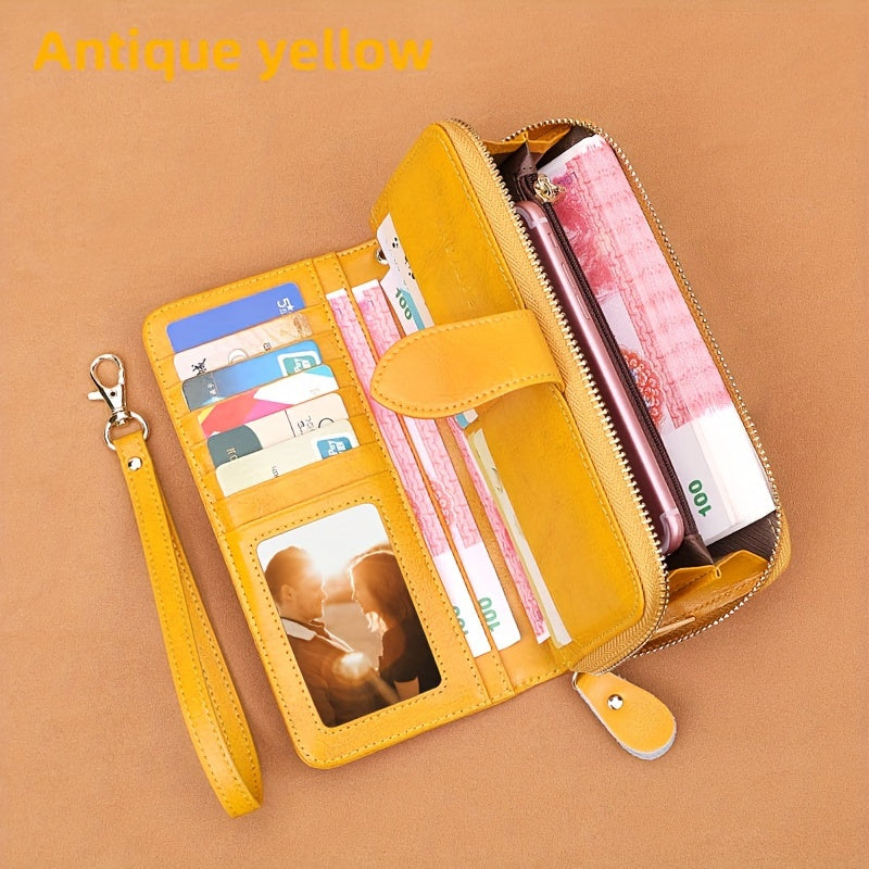 Two-Layer Cowhide Leather Clutch Wallet for Men & Women, Casual Large Capacity RFID Blocking Zippered Hand Purse with Transparent ID Slot and Anti-Theft Brush, Versatile for Going Out