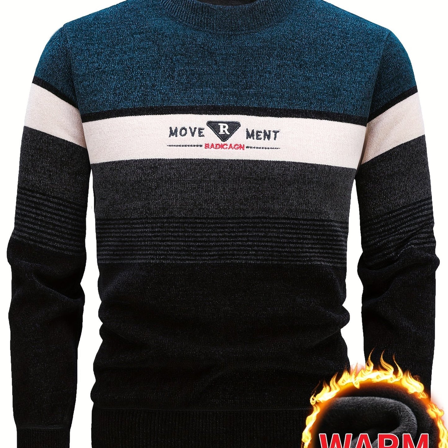 Temujin Men'S Winter Round Neck Sweater with Fleece, Knitted with Embroidered Stripes And Casual Letters for Warmth And a Fitted Style