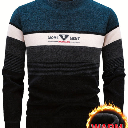 Temujin Men'S Winter Round Neck Sweater with Fleece, Knitted with Embroidered Stripes And Casual Letters for Warmth And a Fitted Style