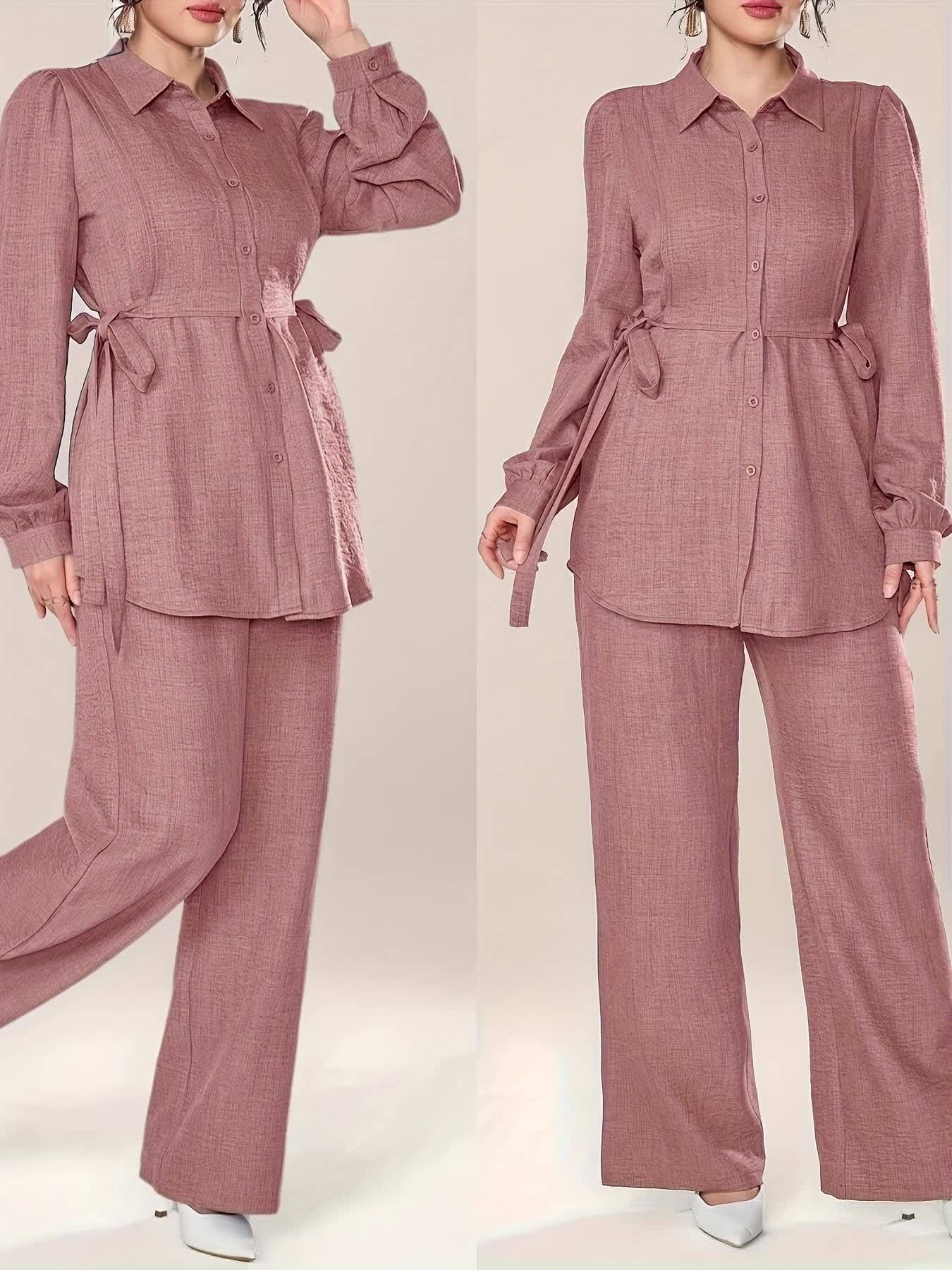 Women'S Solid Color Long Sleeve Knotted Waist Single-Breasted Shirt and Pants Elegant Commuter Set, Two-Piece Summer Autumn Women'S Outfit Office Business Casual Women'S Suit