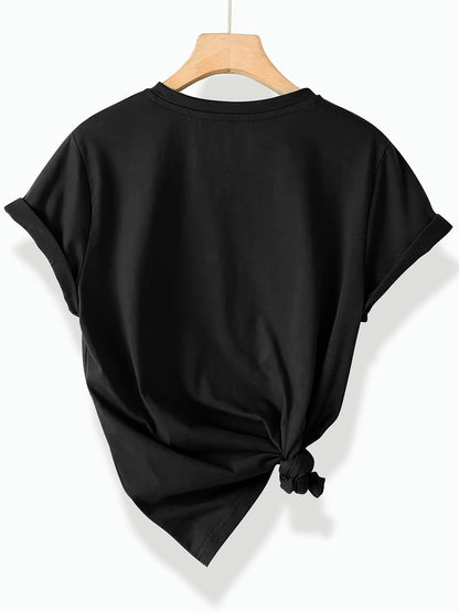 Chic Love Series Gradient Double Heart Graphic Tee for Women - Casual Retro Style, Round Neck Short Sleeve, Breathable Polyester, Machine Washable, in Black with Golden & White Hearts, Sizes S-XXL