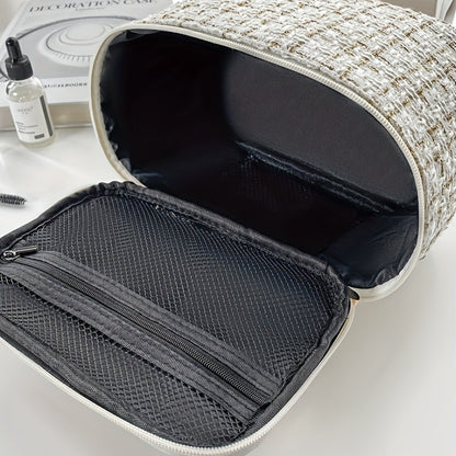 Elegant Plaid Cosmetic Bag - Large Capacity Travel Makeup Organizer with Dual Zippered Compartments, Portable Toiletry Storage in Light Blue/White/Pink/Red/Navy/Black, Polyester Material, Hand Wash or Dry Clean, Toiletry Trav