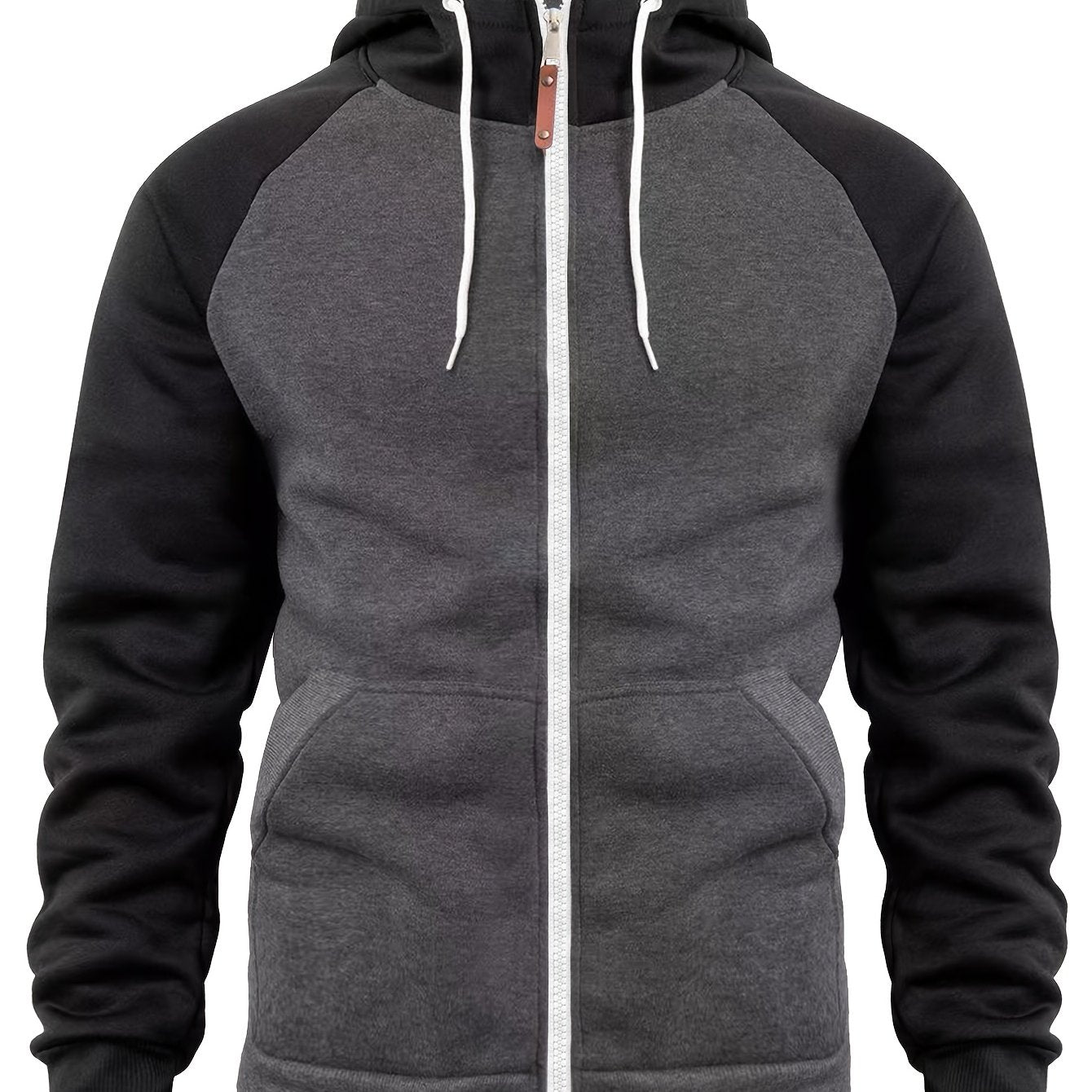 Տղամարդու ոճային գունային բլոկներով վերնաշապիկ՝ առօրյա, կայծակաճարմանդով և գլխարկով սվիտեր՝ առջևի գրպաններով, երկար թևքերով և երիզներով՝ շագանակագույն և սև դիզայնով, հարմարավետ աշնանային և ձմեռային հագուստի համար։