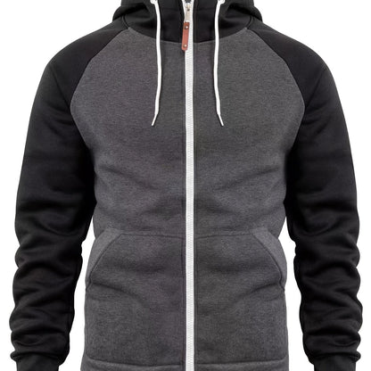 Տղամարդու ոճային գունային բլոկներով վերնաշապիկ՝ առօրյա, կայծակաճարմանդով և գլխարկով սվիտեր՝ առջևի գրպաններով, երկար թևքերով և երիզներով՝ շագանակագույն և սև դիզայնով, հարմարավետ աշնանային և ձմեռային հագուստի համար։